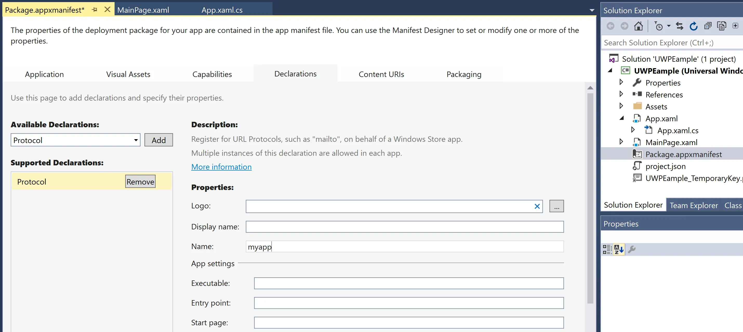 A screenshot of Package.appxmanifest configuration.