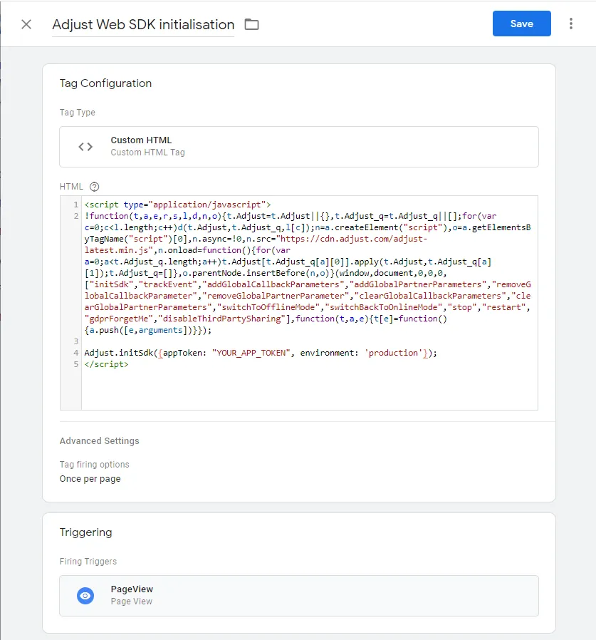 Custom HTML to load and initialize Adjust Web SDK in GTM