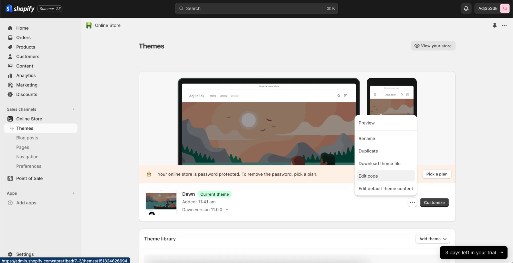 A screenshot of the Shopify theme overview page
