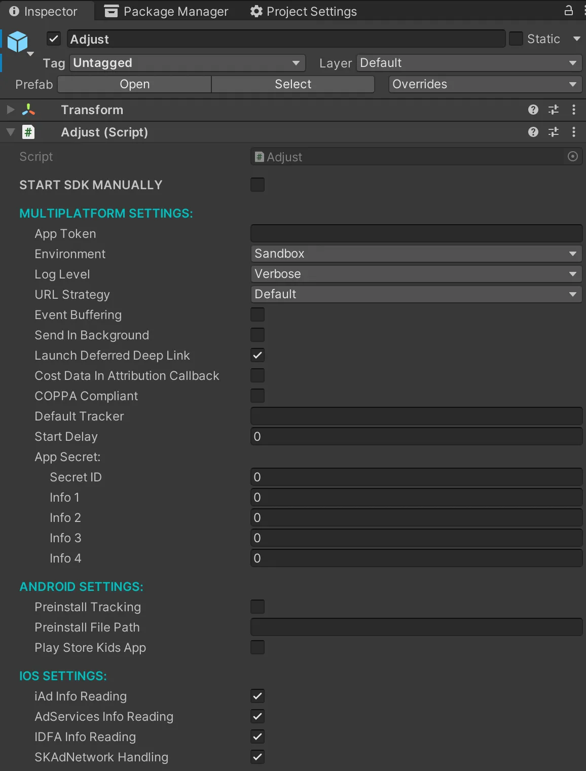 Unity Editor 내 Adjust SDK 프리팹 구성 스크립트의 스크린샷.