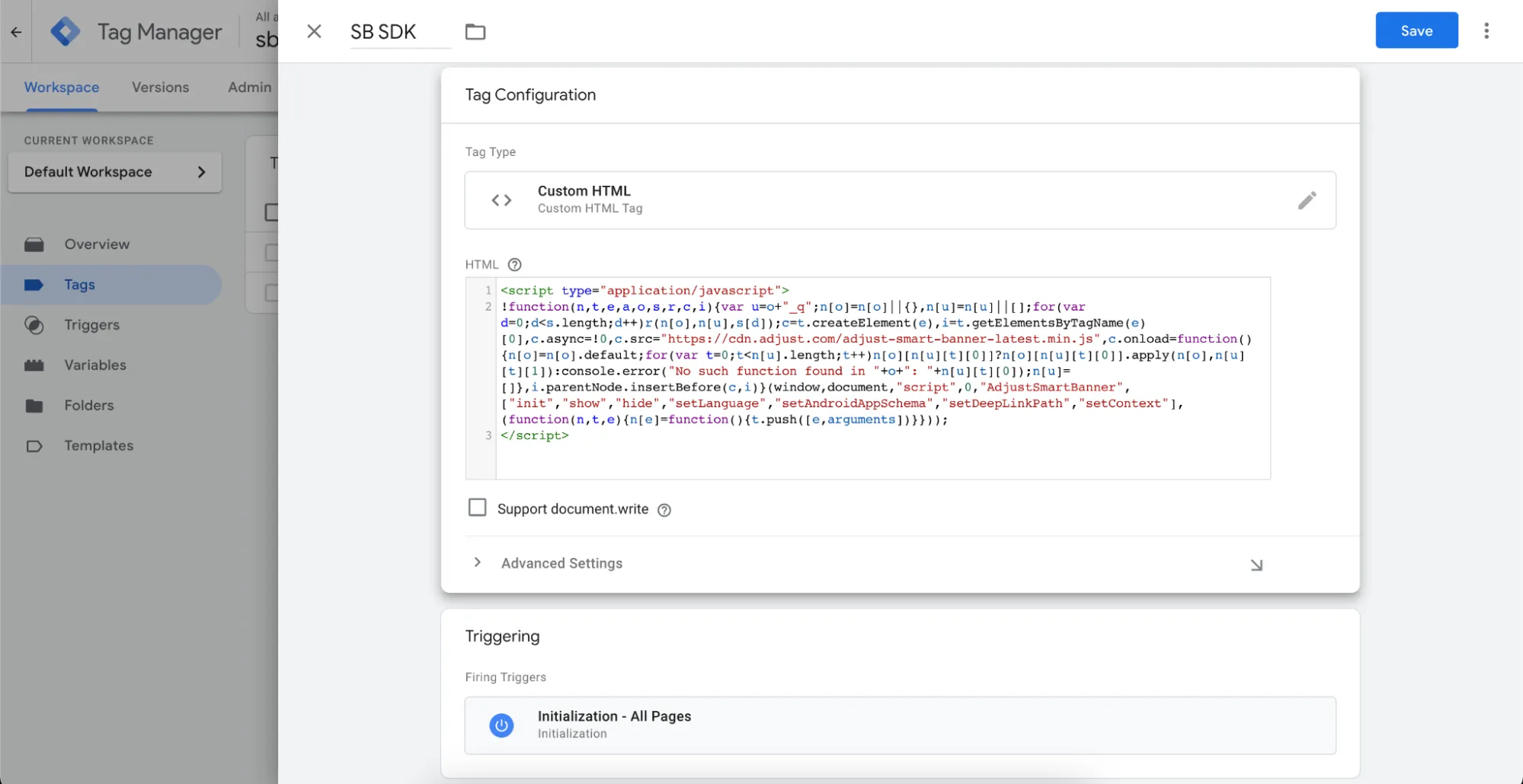 A screenshot of the custom HTML editor with init options