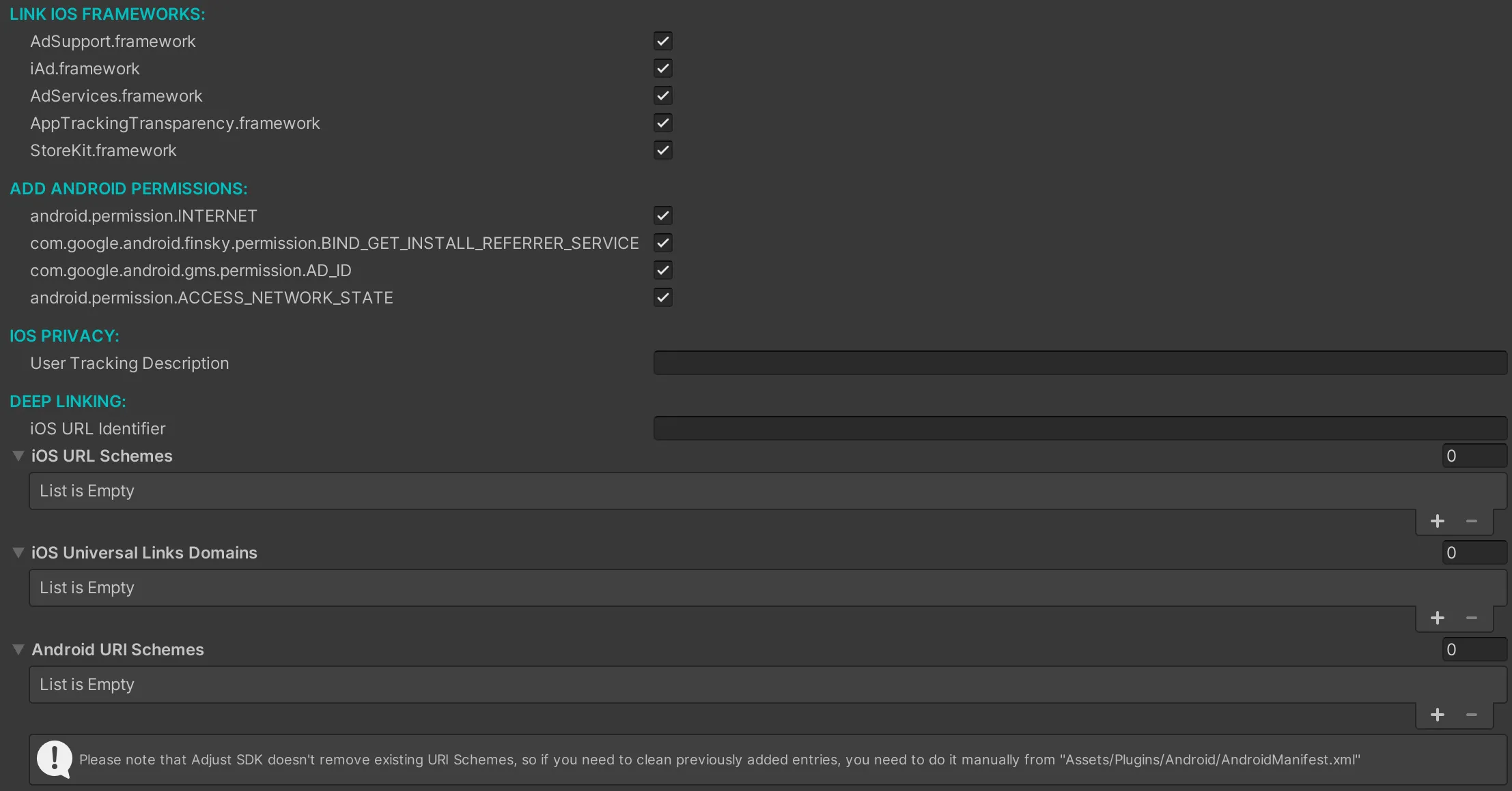 A screenshot of the Adjust SDK post-build configuration script in the Unity editor.