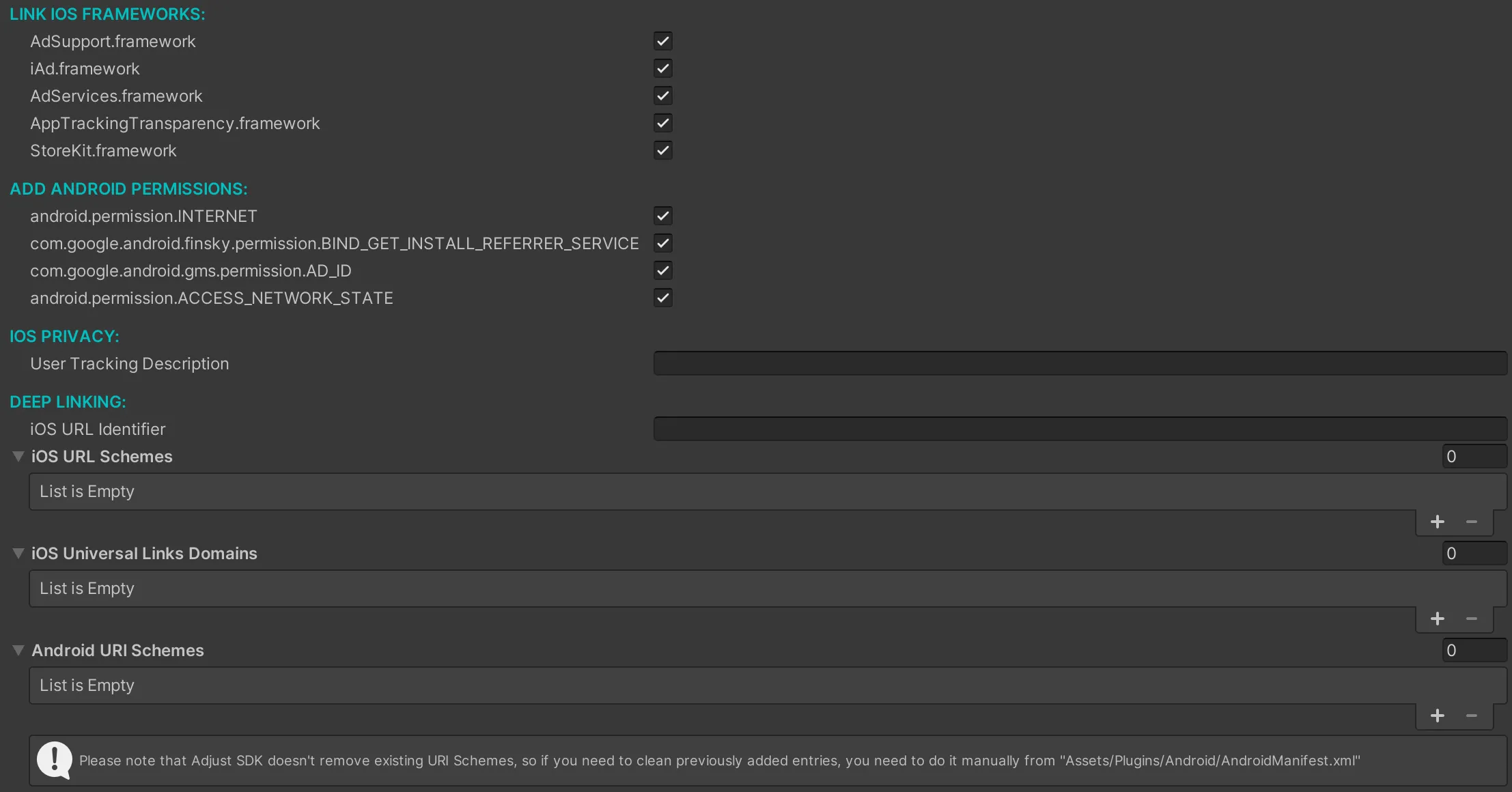 Adjust SDK 在 Unity editor 中的创建后配置脚本截图。