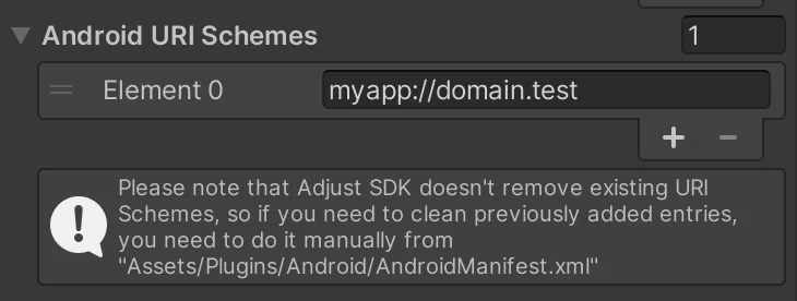 A screenshot of the Android URI Schemes section in the Unity prefab menu