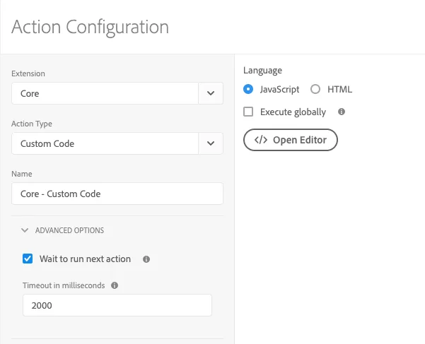 A screenshot of the Adobe launch Action Configuration screen