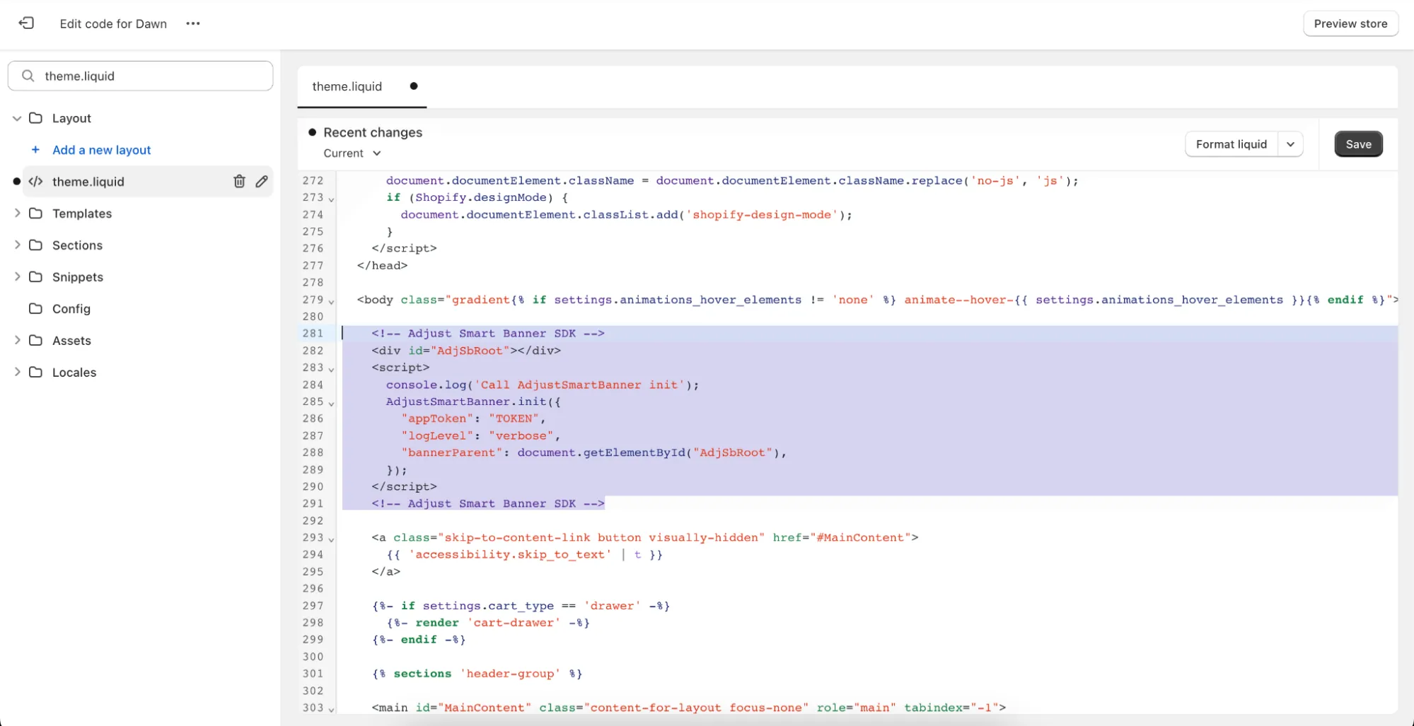 A screenshot of the Shopify theme editor showing the Smart Banner SDK init options