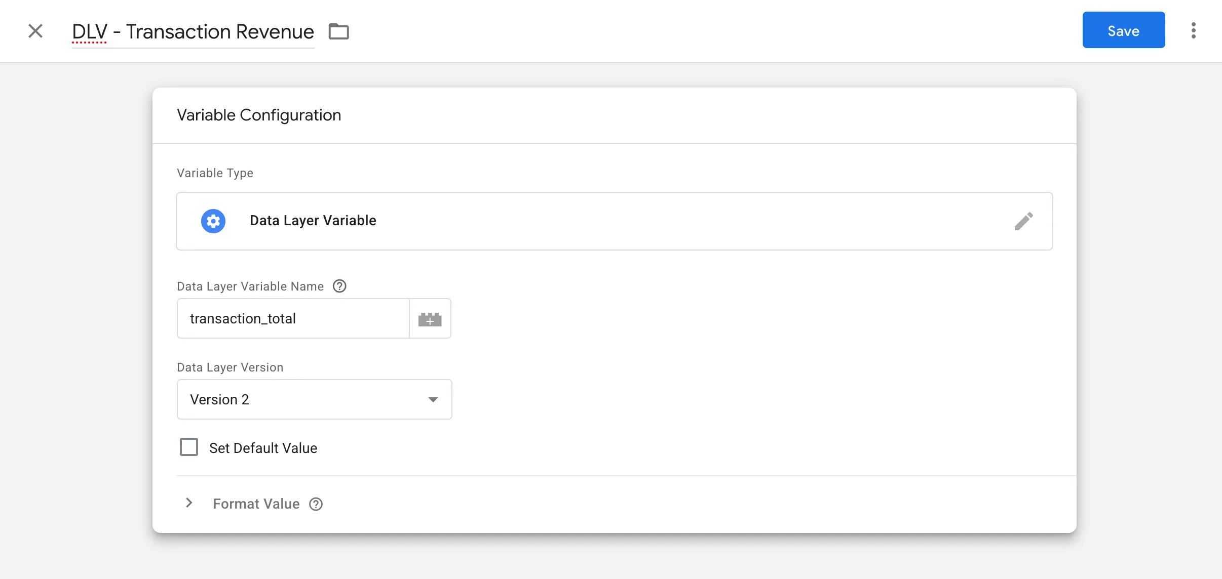 Variable configuration for a Data Layer Variable in GTM