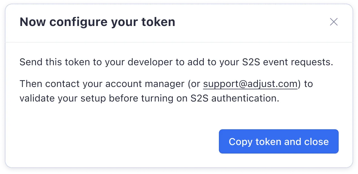 A modal with a "Copy token and close" option