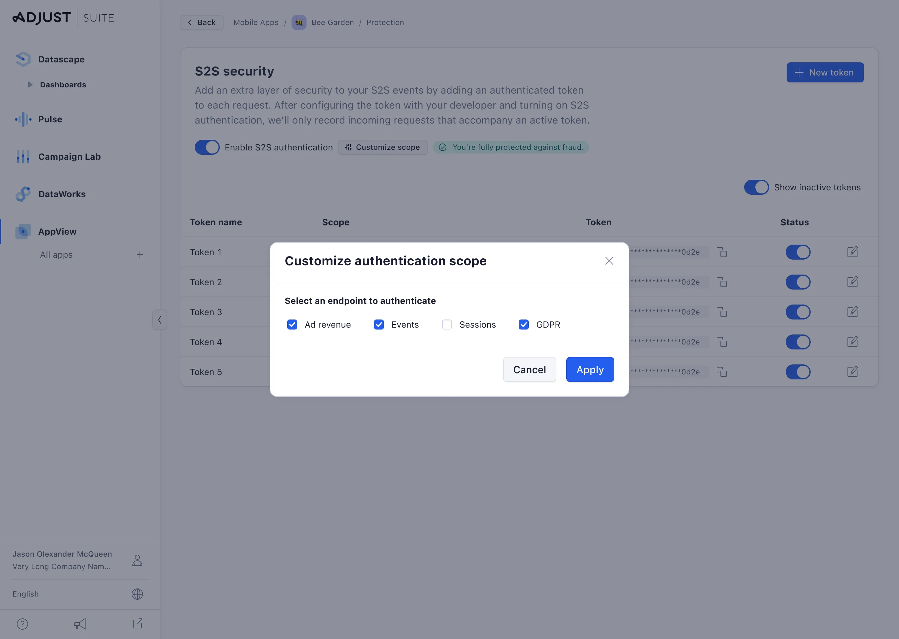 An authentication scopes modal with scopes selected