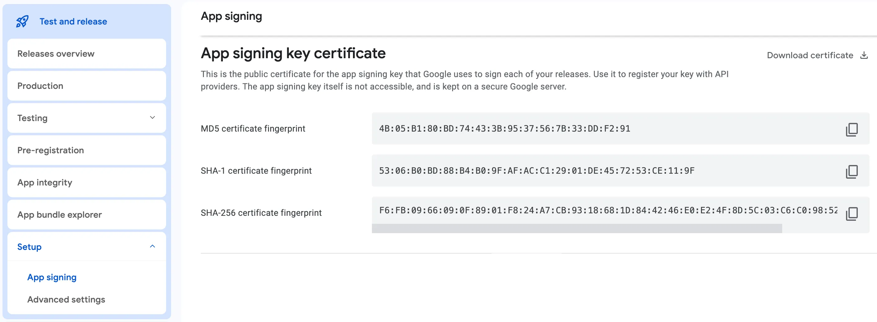 Screenshot of the app signing key certificate page in Google Play Console