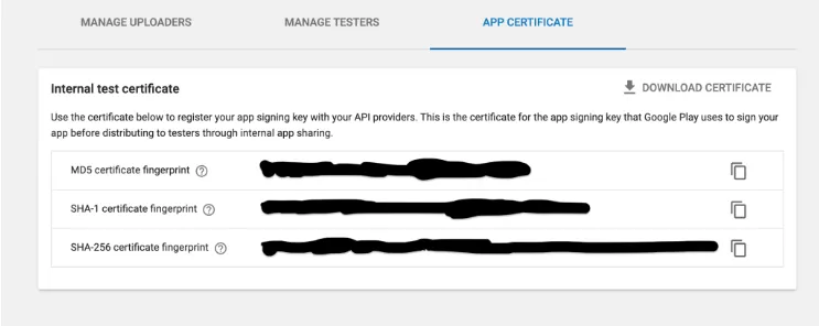 A screenshot of the certficate page in Google Play Console