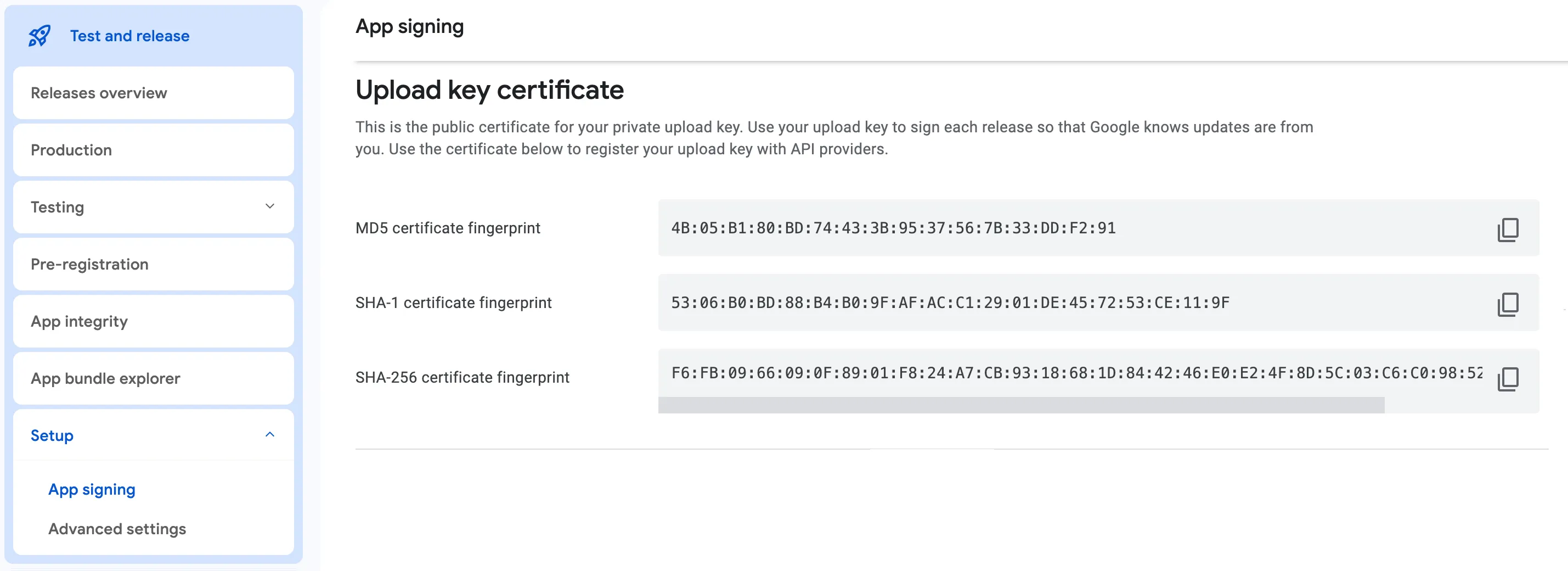 Screenshot of the upload key certificate page in Google Play Console