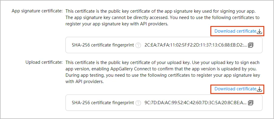 Screenshot of the certificate page in Huawei AppGallery