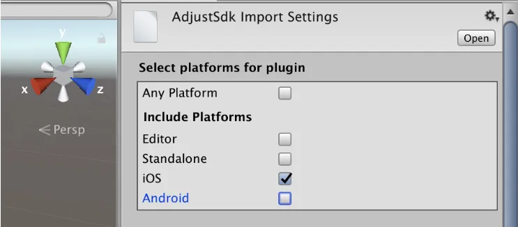 Unity Editor의 AdjustSdk Import Settings 스크린샷