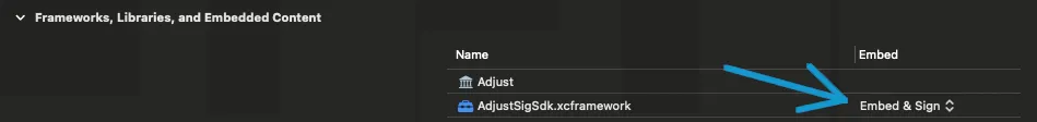 Xcode의 Embed & Sign(삽입 및 서명) 옵션 스크린샷
