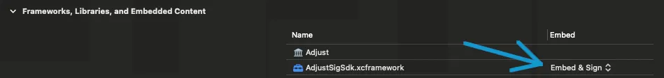 A screenshot of the Embed & Sign option in Xcode