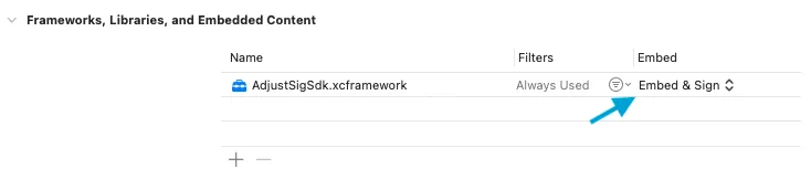 A screenshot of the Embed & Sign option in Xcode