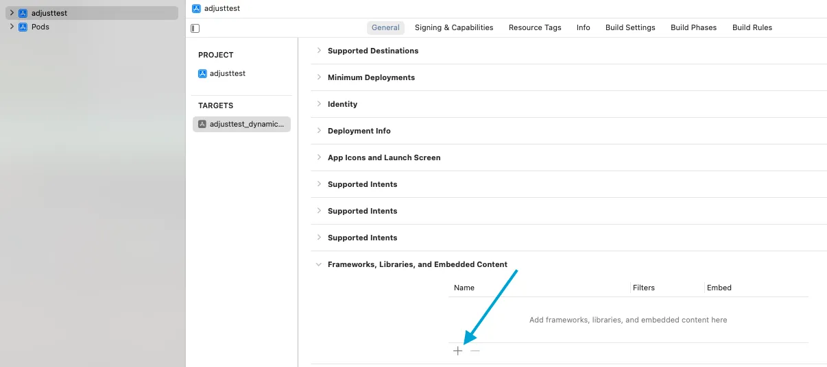 A screenshot of the Frameworks page in Xcode