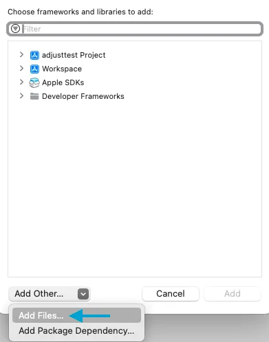 A screenshot of the framework selector in Xcode